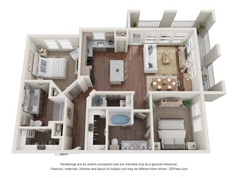 Floor plan for 2 beds, 2 baths, 1139 sqft